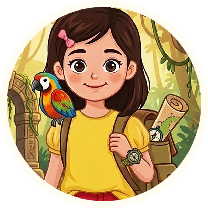 Nila, the Pikwing explorer, with Kiki the macaw on her shoulder