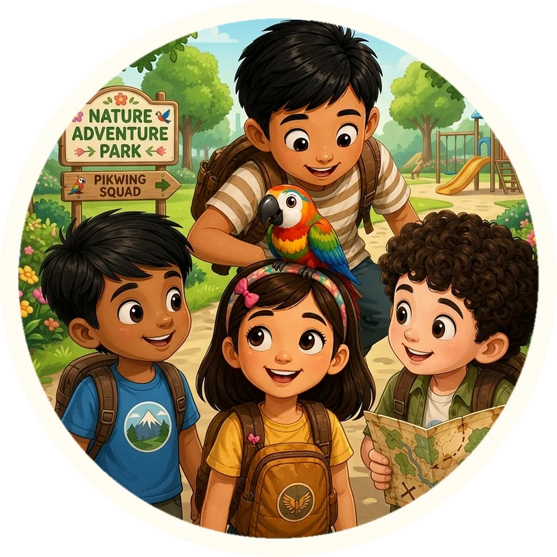 The Pikwing squad — four children and Kiki the macaw